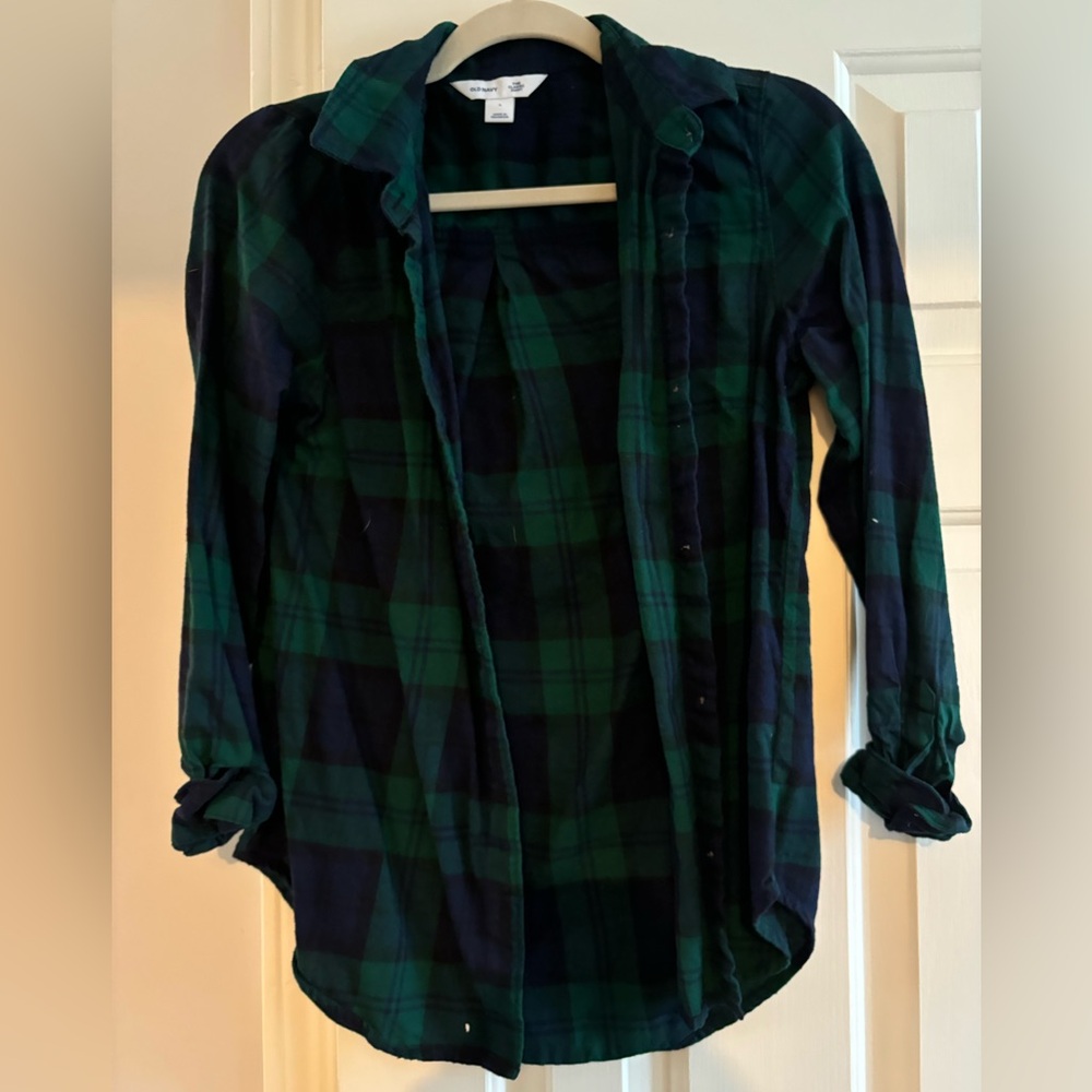 Green and Blue Plaid Flannel Shirt Notched Collar 3/4 Sleeve